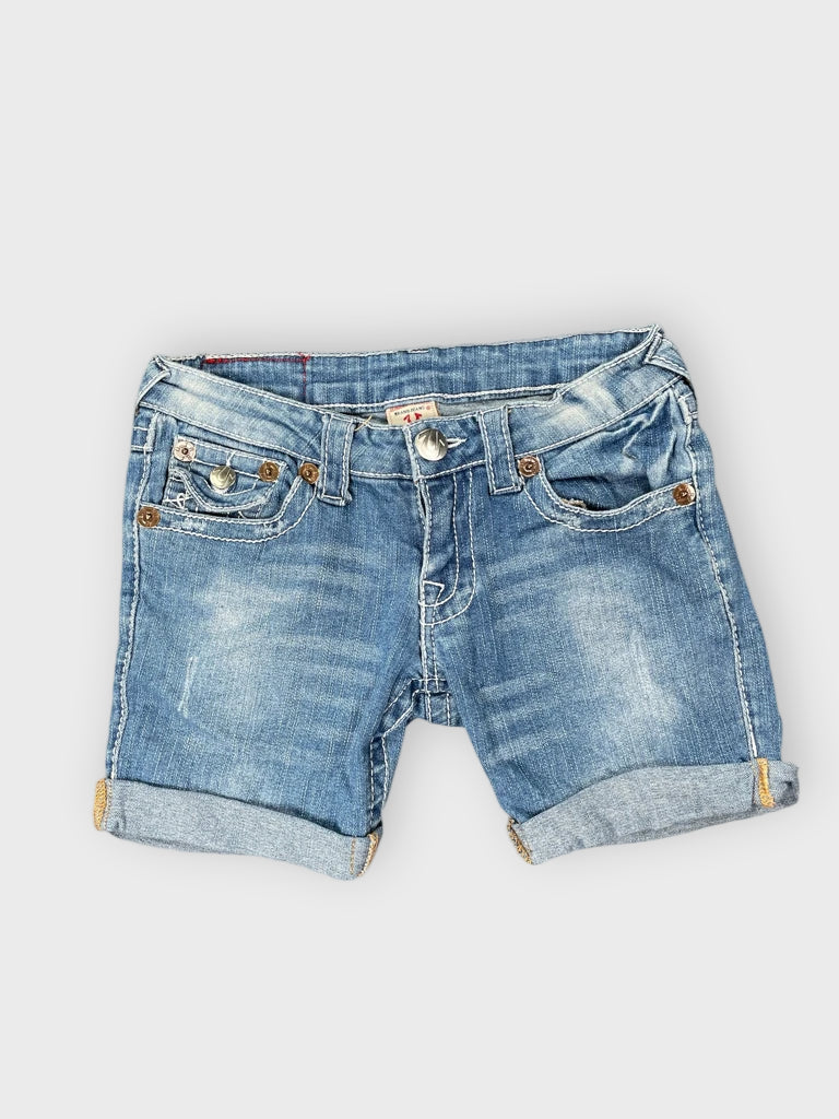 detail view, True Religion Light Wash Cutoff Denim Hotpants, vintage Y2K second hand piece