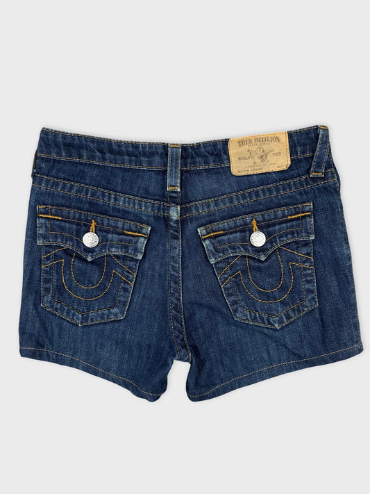 Denim shorts in classic blue with back view and distinct pocket stitching detail.