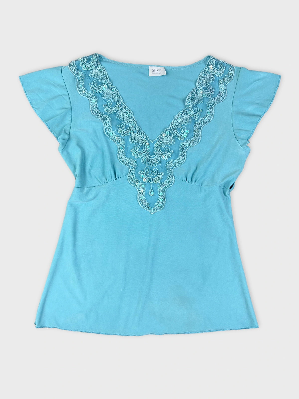 Turquoise Embroidered Short Sleeve Top (S)