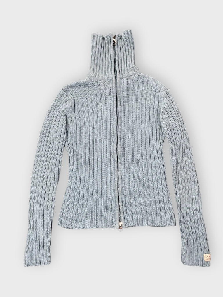 detail view, Twik Turquoise Ribbed Zip Cardigan, vintage Y2K second hand piece
