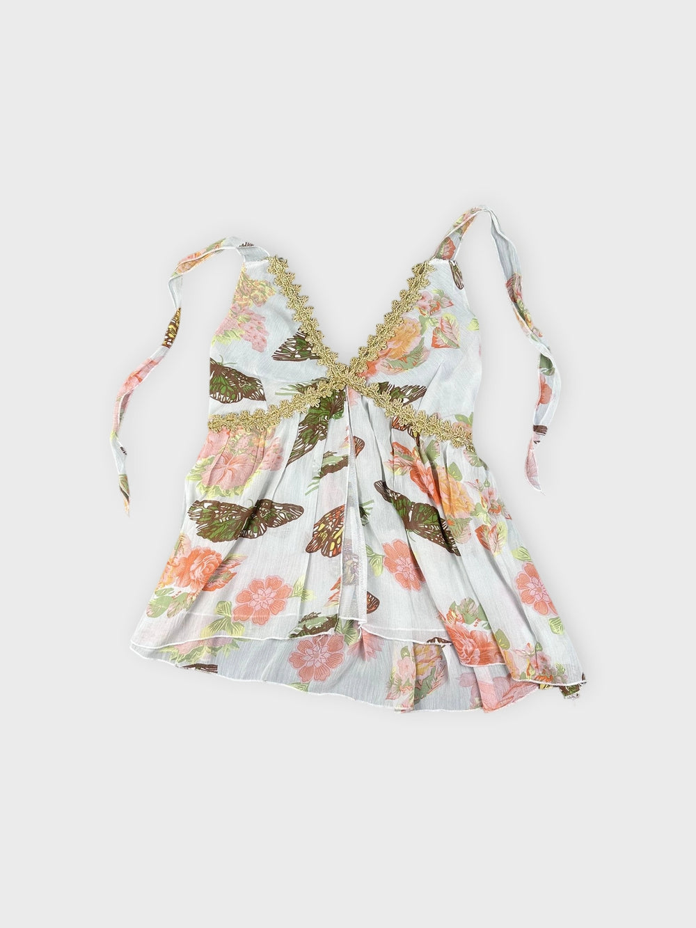 Vintage floral cami in white with butterfly print, front view.