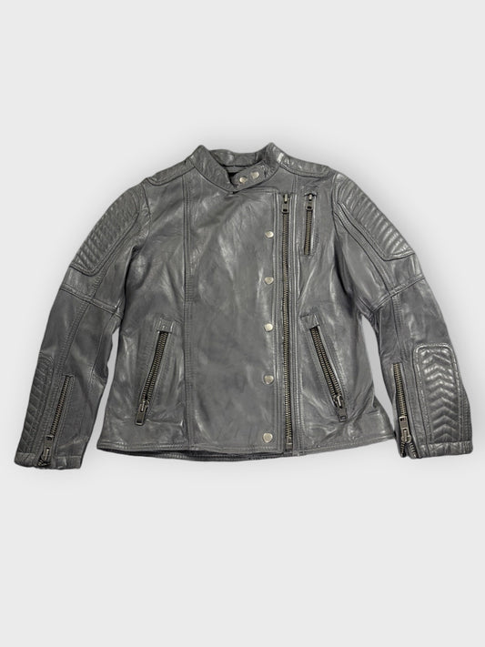 front view, WhetBlu Grey Genuine Leather Racing Jacket Women, vintage Y2K second hand piece