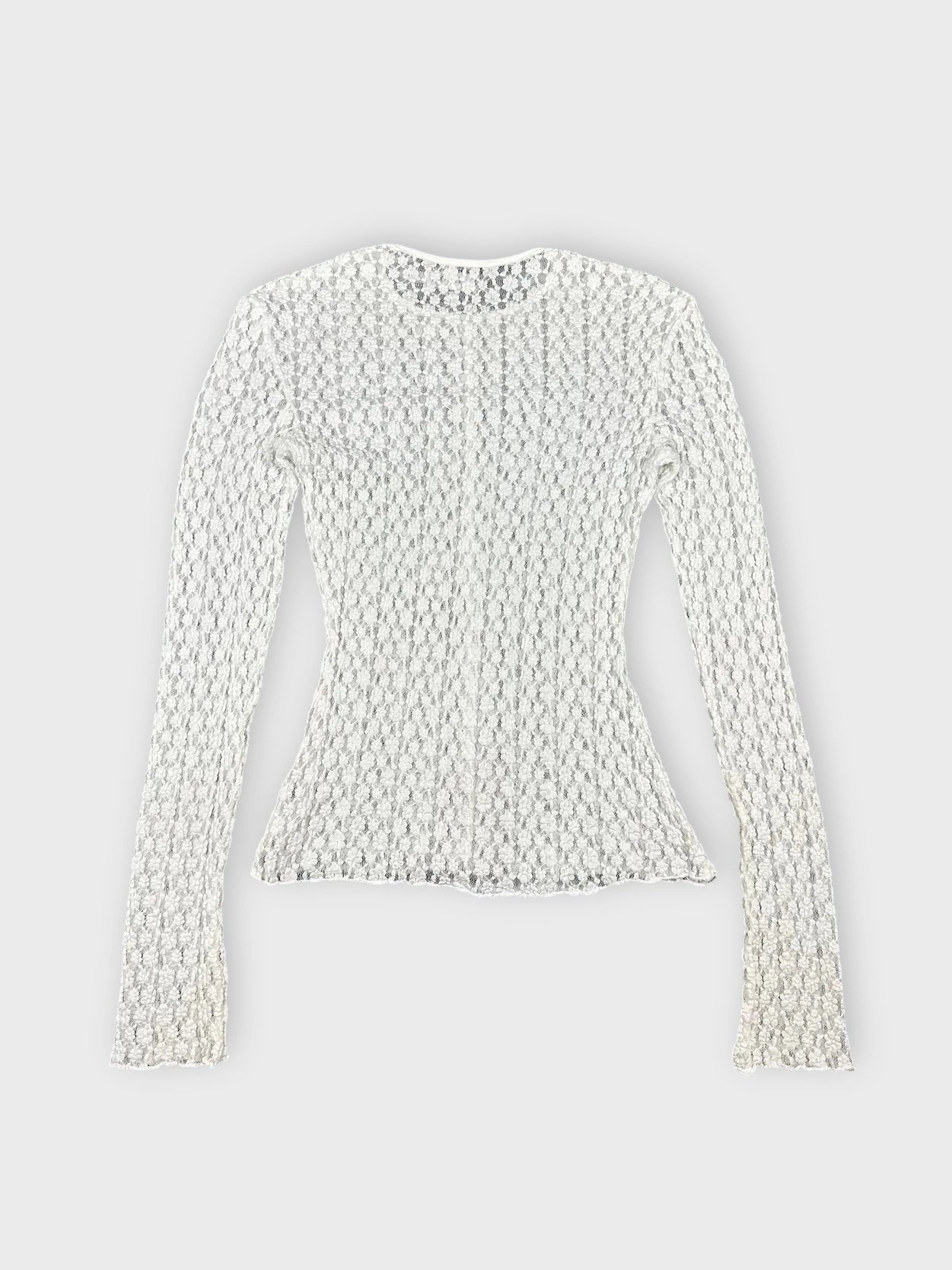 Back view of a white sheer long sleeve blouse with textured pattern.