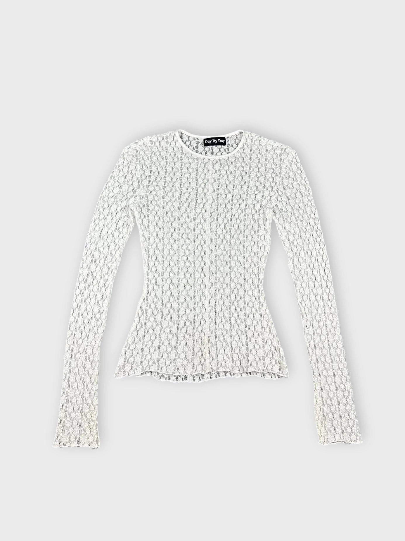 White sheer long sleeve blouse with textured pattern in front view.