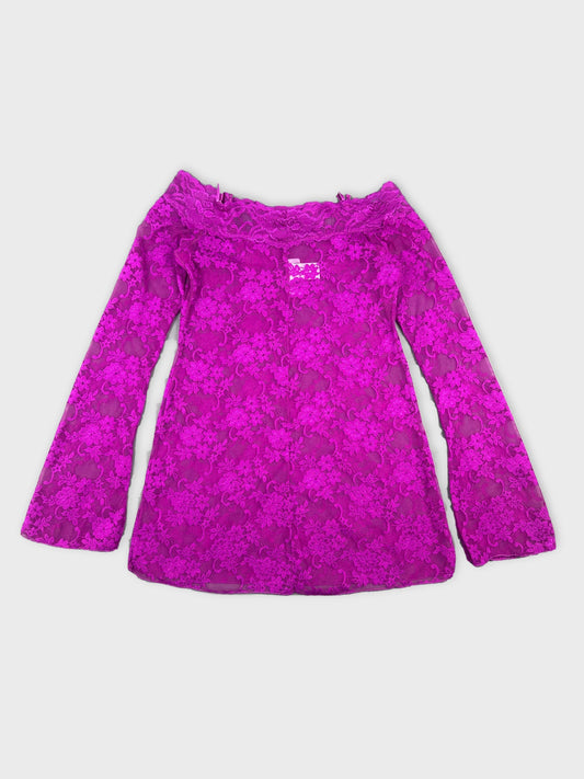 Back view of a long-sleeve body shirt in bright pink lace fabric.