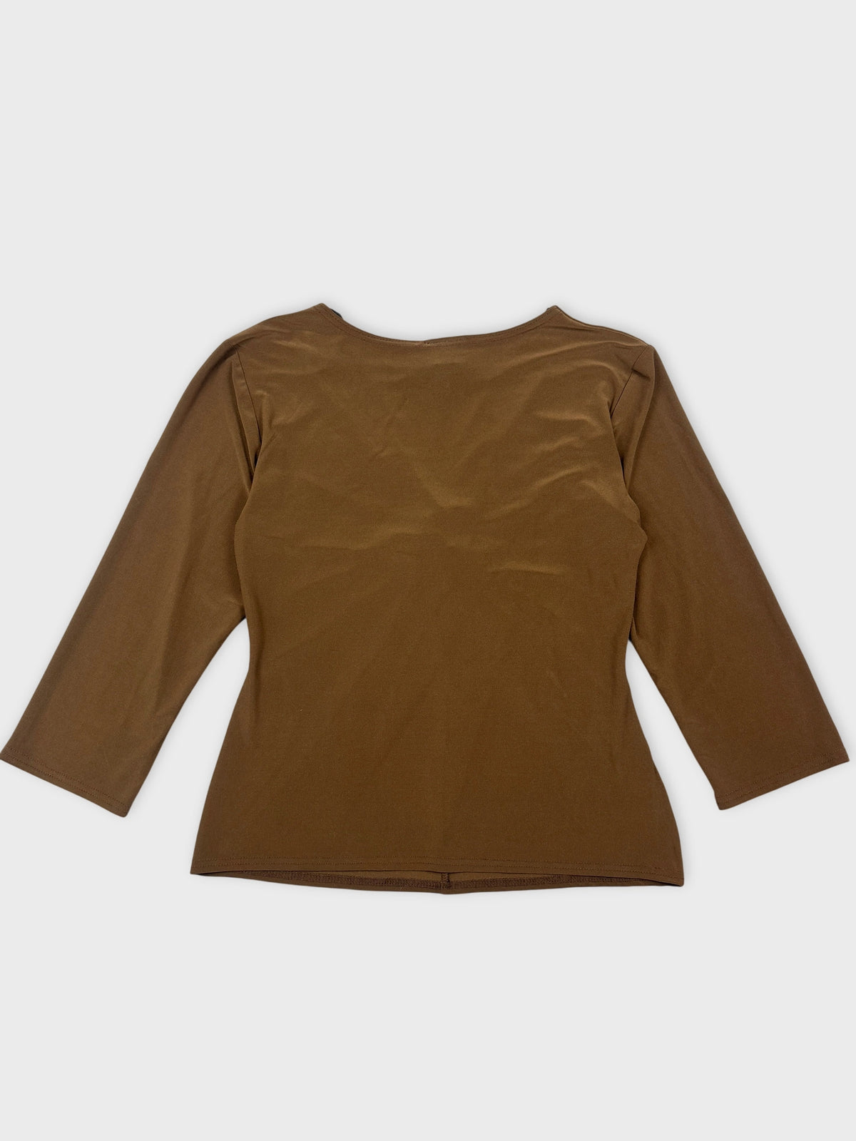 Back view of a brown women body shirt with three-quarter sleeves.