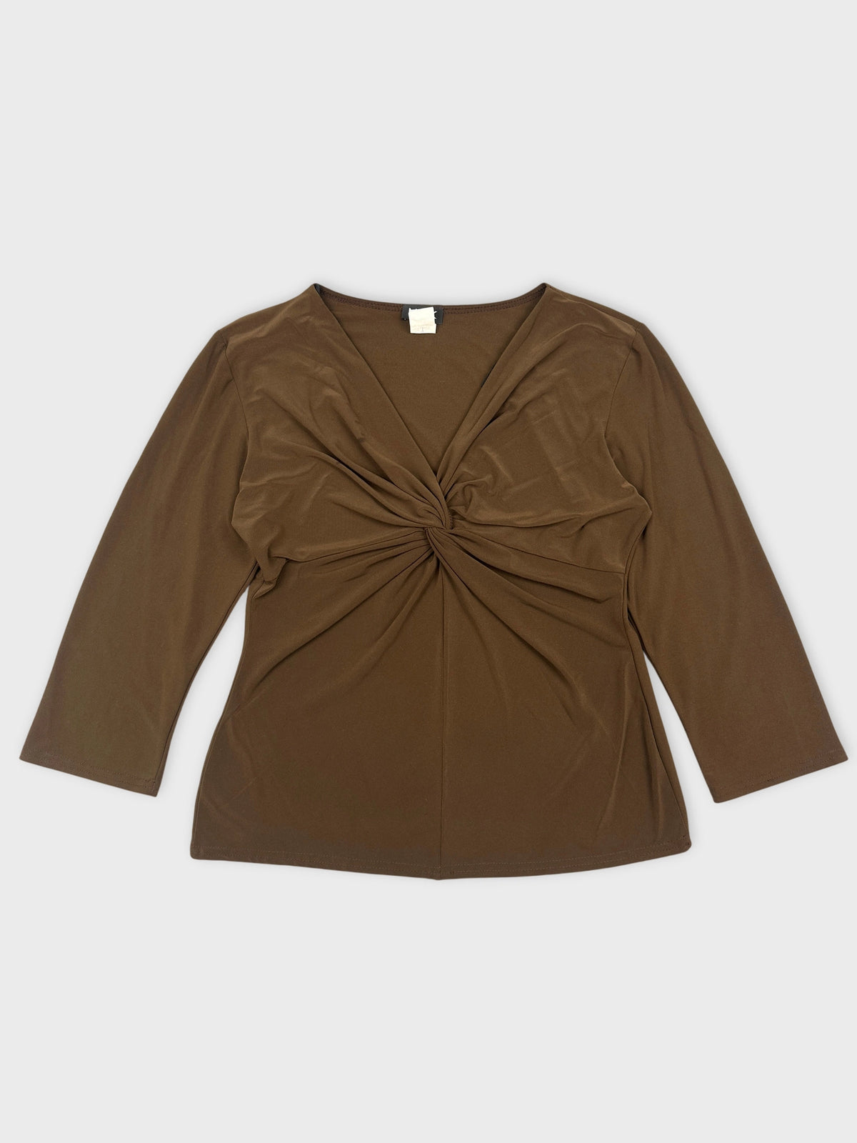 Front view of a brown body shirt featuring a knotted design at the front.