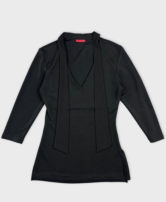 Front view of a black body shirt featuring a V-neck and textured trim.