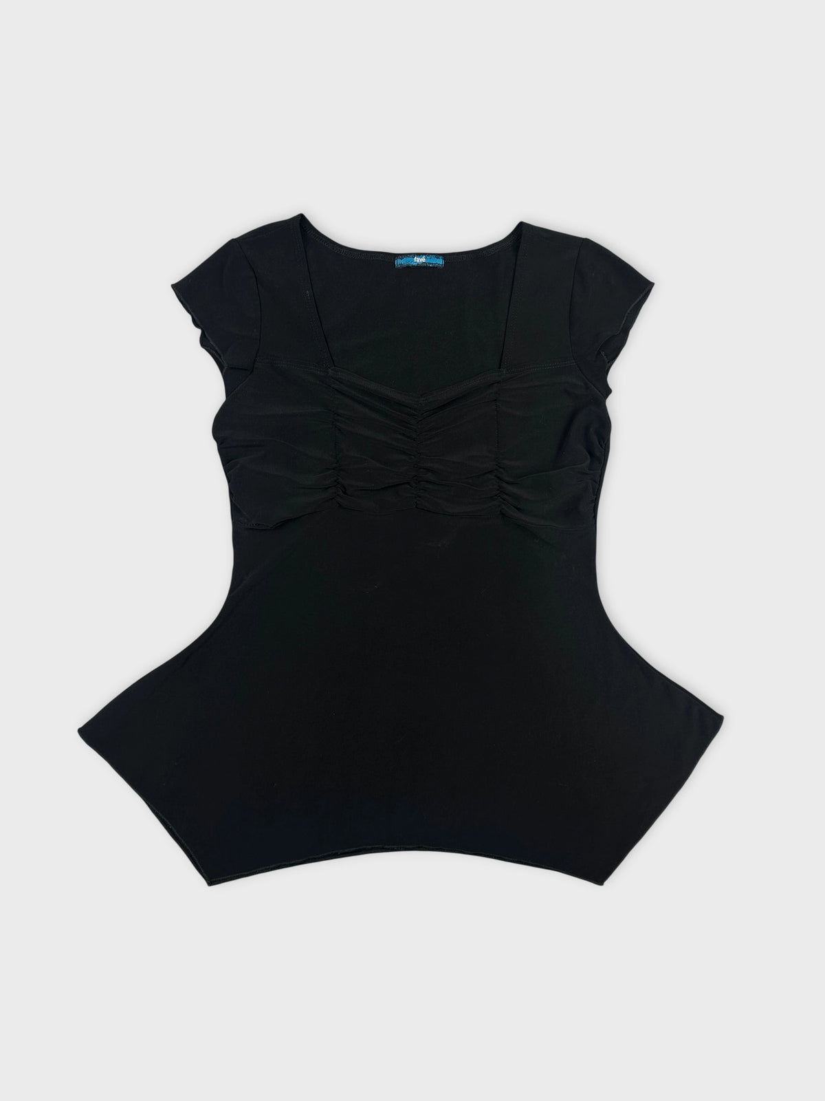 Front view of a black body shirt featuring ruched detailing.