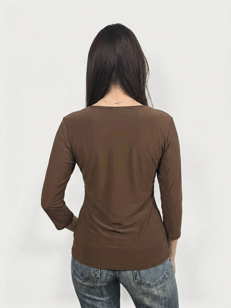 Brown body shirt with 3/4 sleeves, shown in back view.