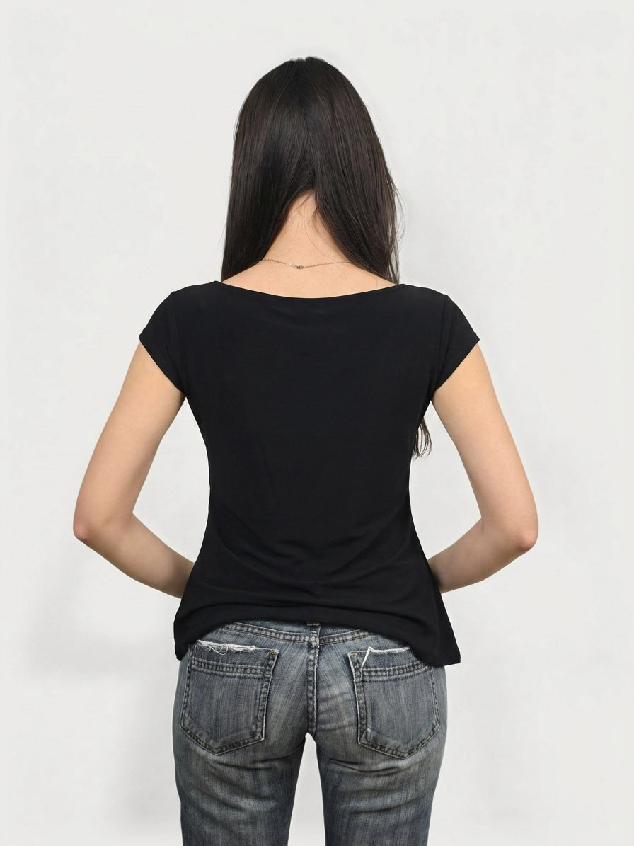 Black body shirt with a rounded neckline, shown in back view.