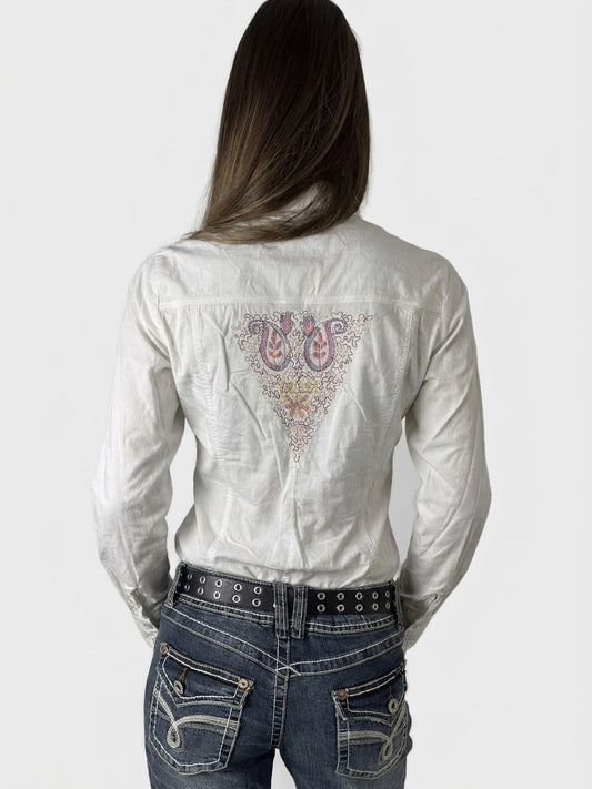 Back view of a white body shirt featuring intricate floral embroidery.