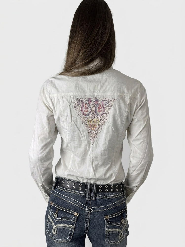 Effortless White Button Up Shirt with Embroidery (M)