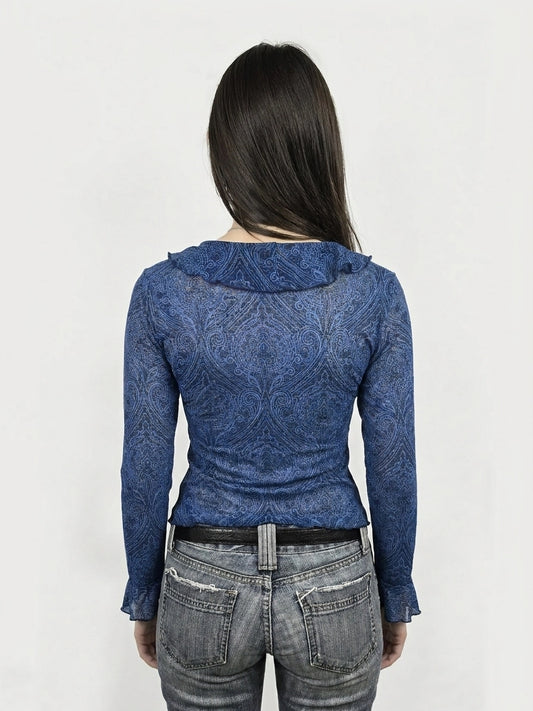 Back view of a blue body shirt featuring a ruffled collar.
