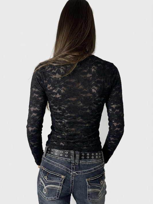 Black lace body shirt with long sleeves, back view.