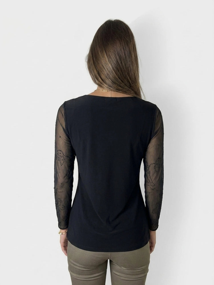Chic Black Body Shirt with Sheer Sleeves (S)