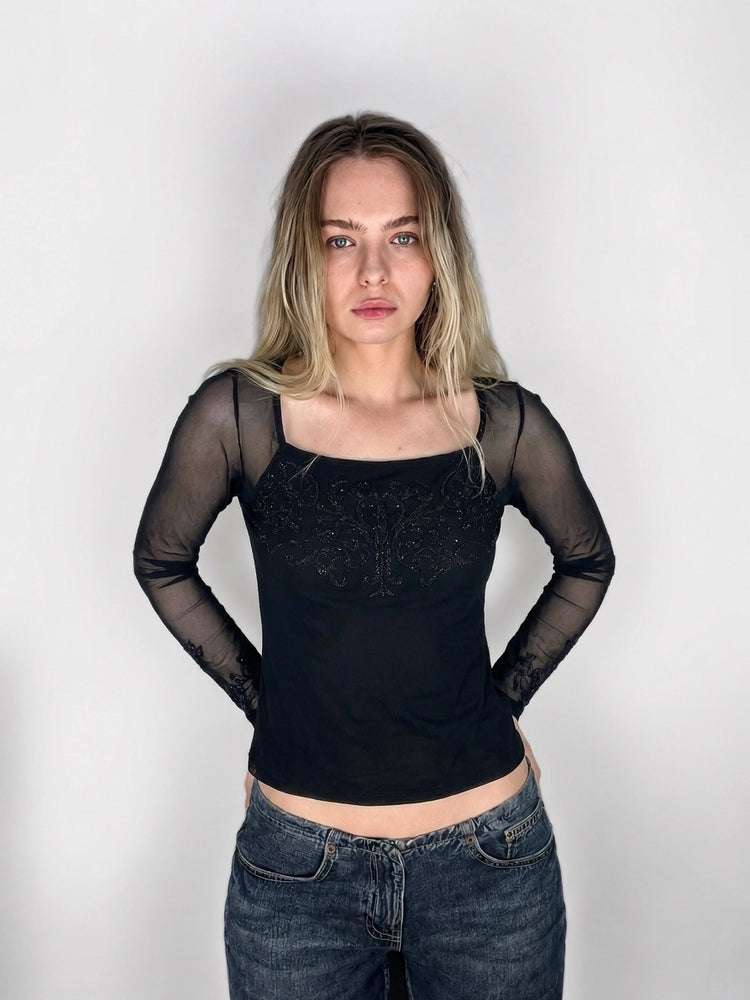 Black Sheer Bodysuit with Elegant Lace Detail (S)