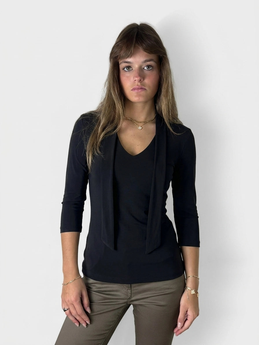 Black body shirt with draped neckline, displayed in front view.
