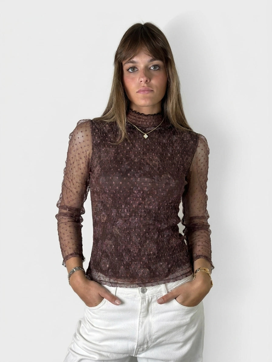 Front view of a brown body shirt with dotted sheer pattern.