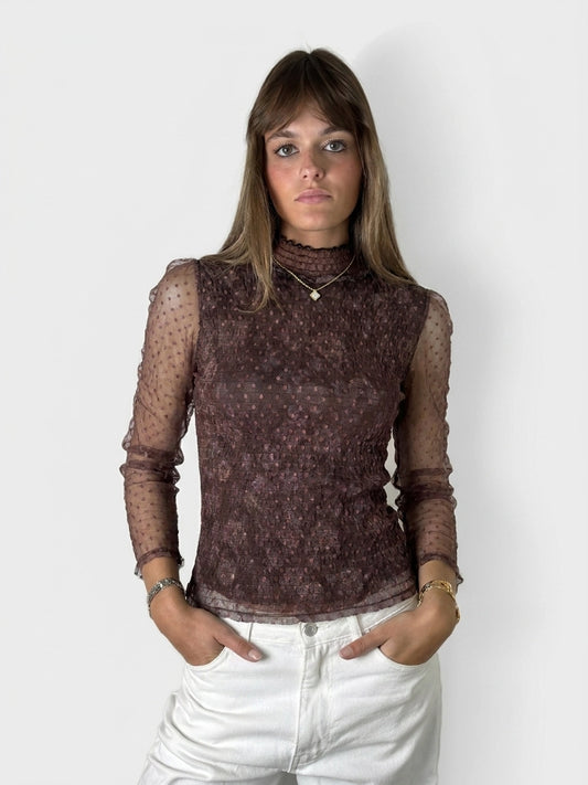 Front view of a brown body shirt with dotted sheer pattern.