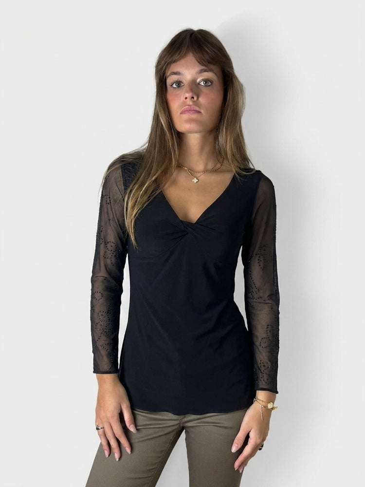 Chic Black Body Shirt with Sheer Sleeves (S)