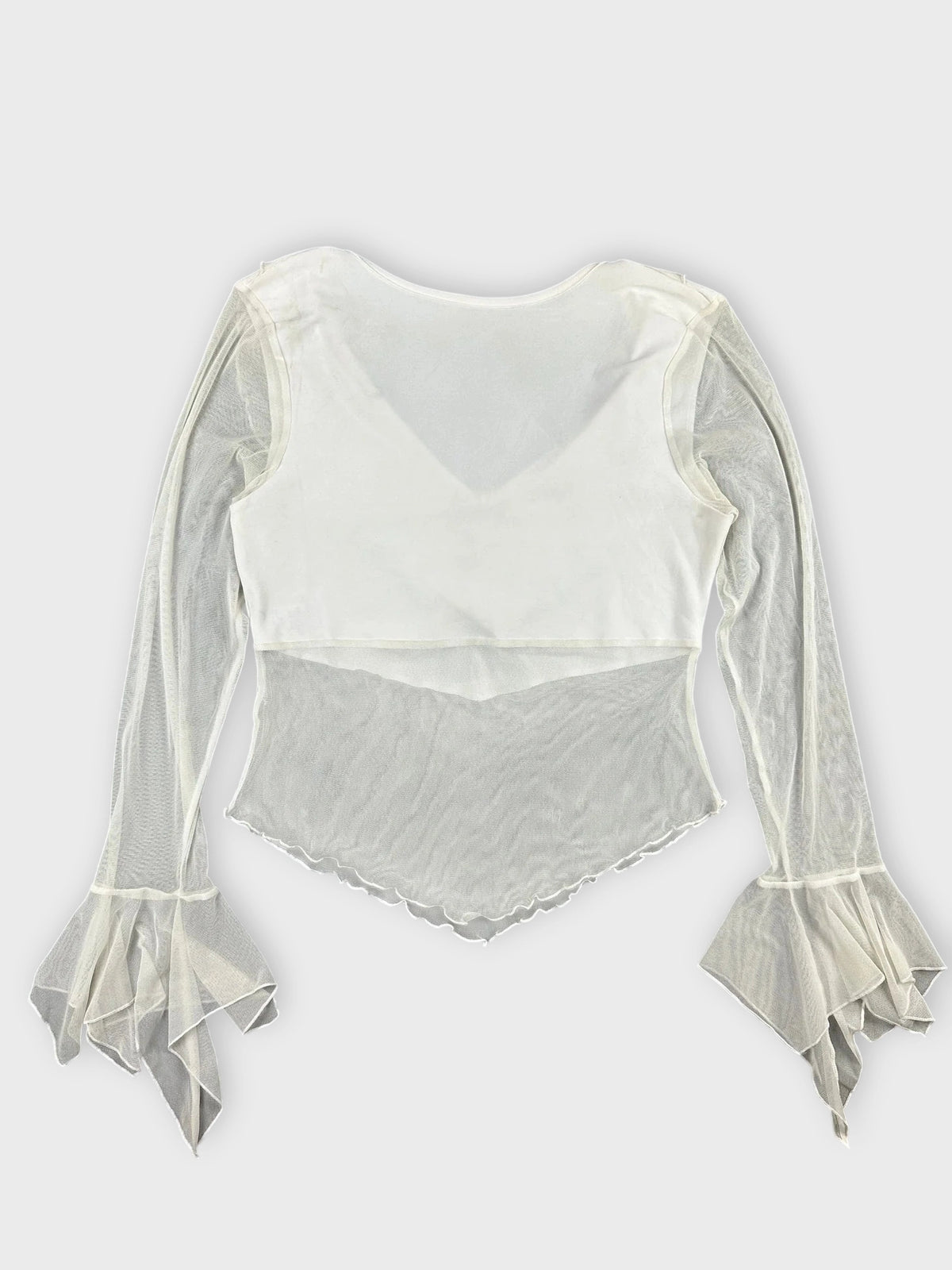 detail view, White Ruffled Mesh Top with Elegant Sleeves, vintage Y2K second hand piece