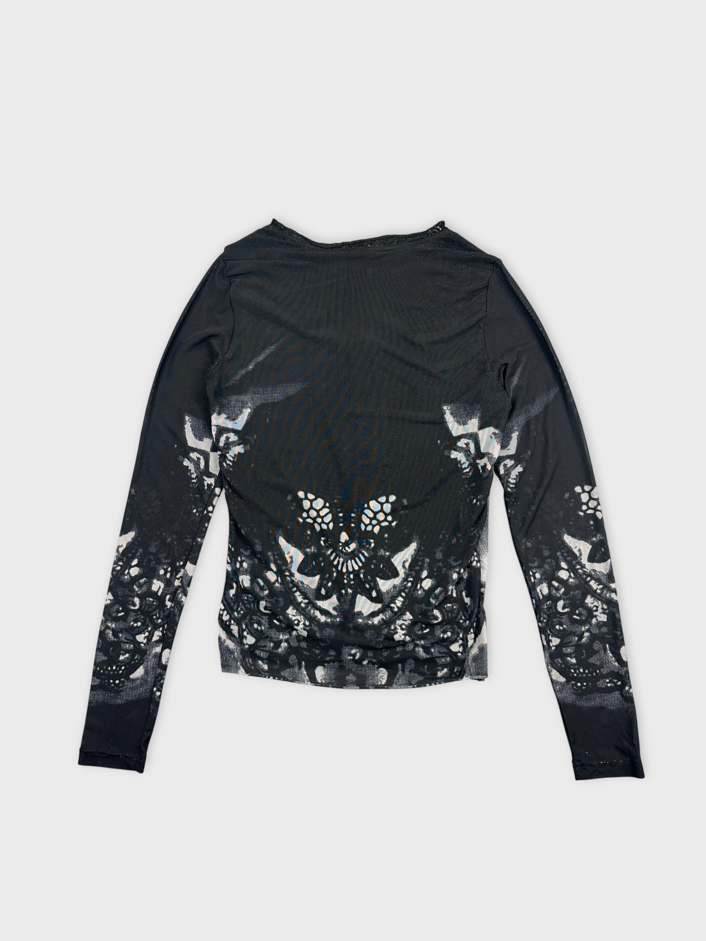 Vintage black body shirt with intricate lace print back view.