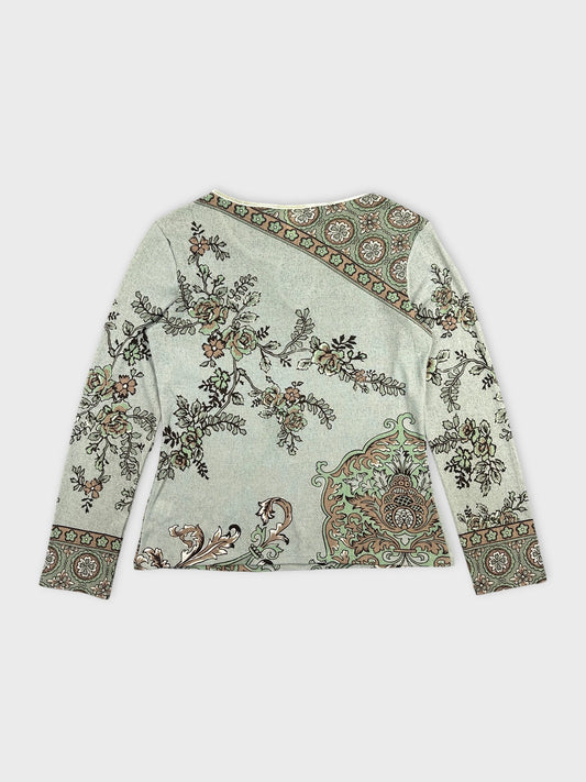 Back view of a women's body shirt in mint green floral print.