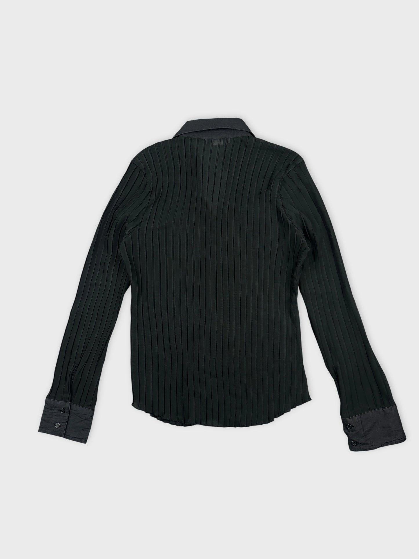 Back view of a black pleated women's body shirt with long sleeves.