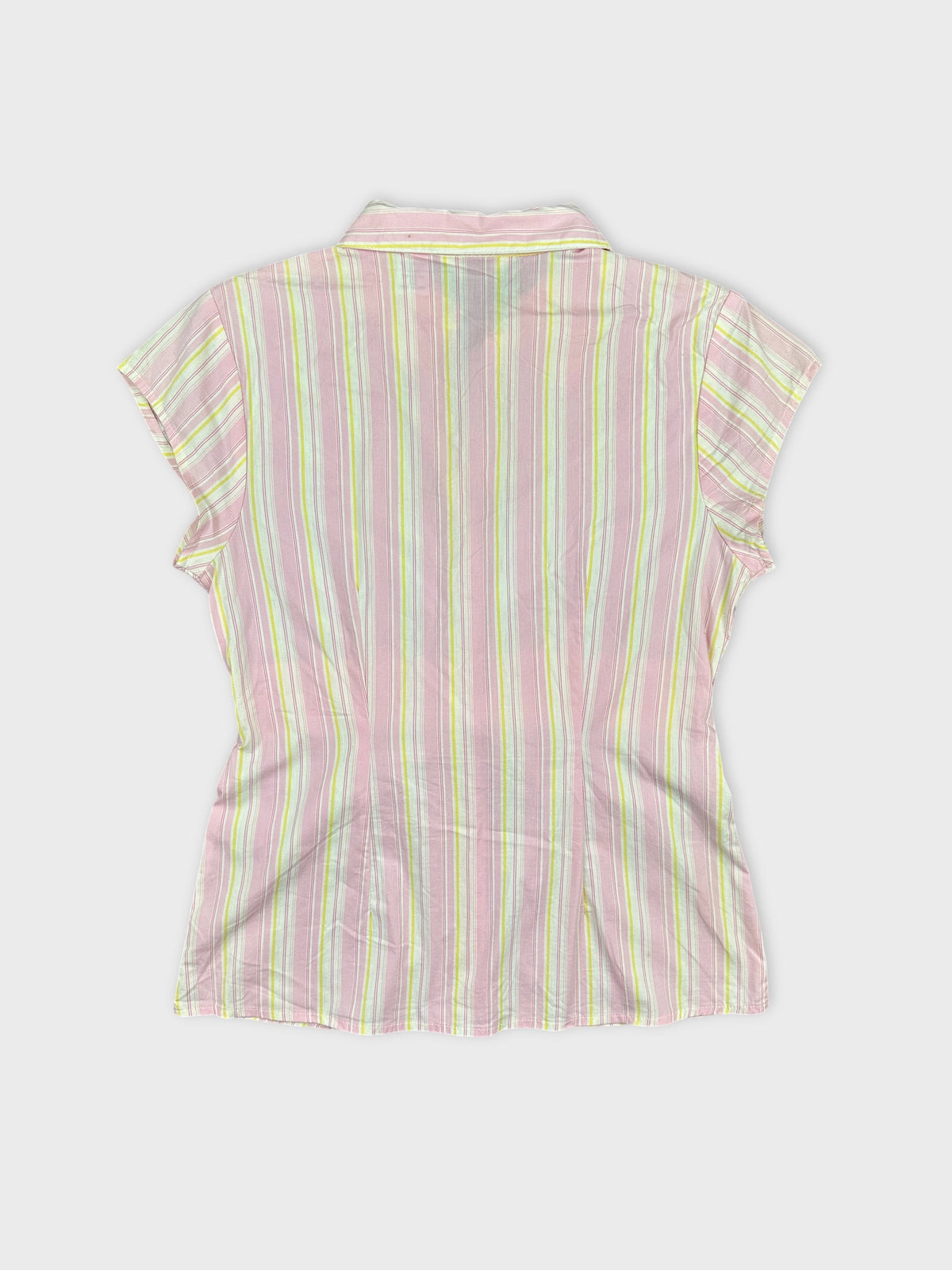 Back view of a pink striped women’s body shirt showing cap sleeves.