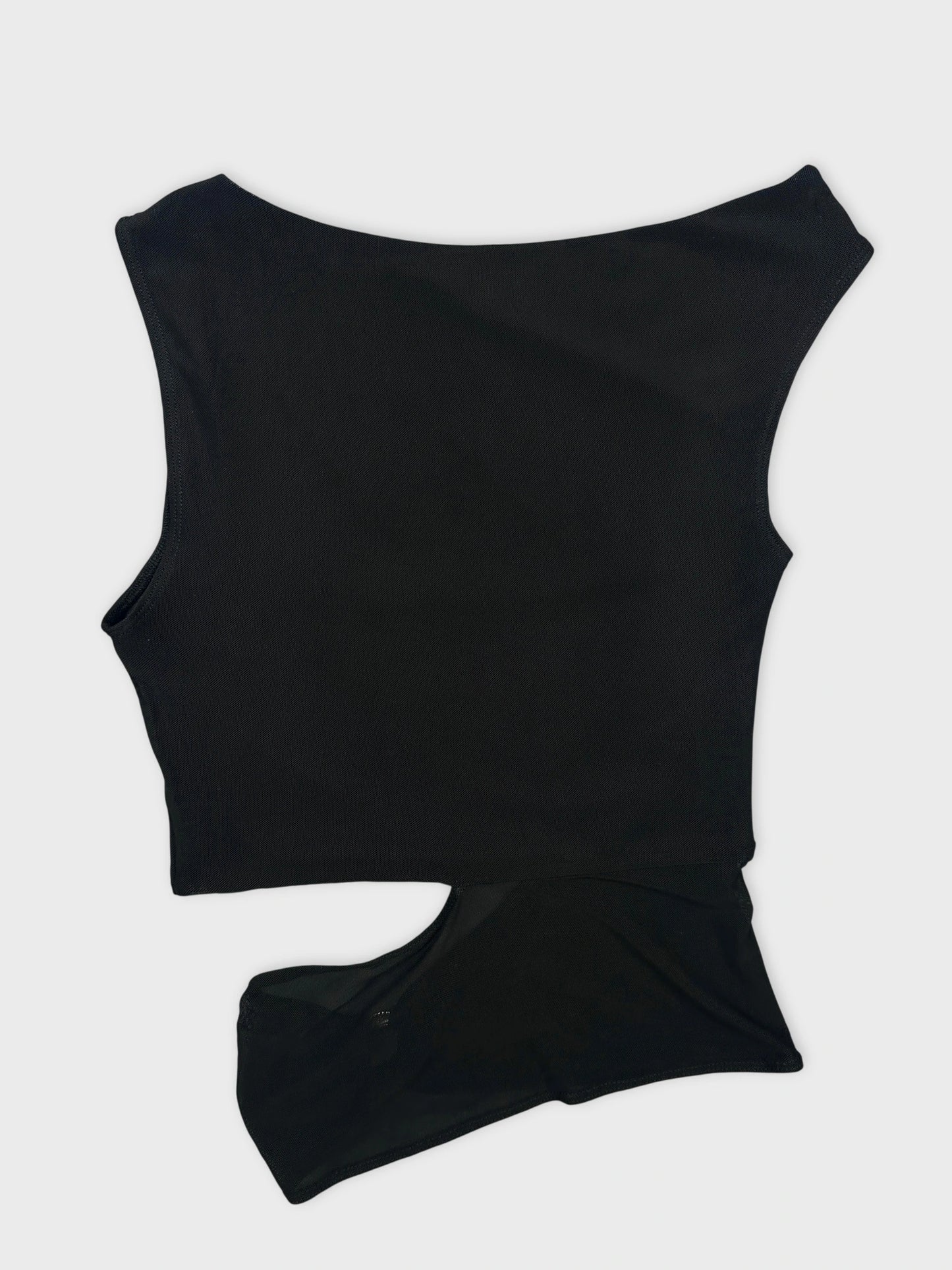 Detail view of a black women's body shirt with unique cutout design.