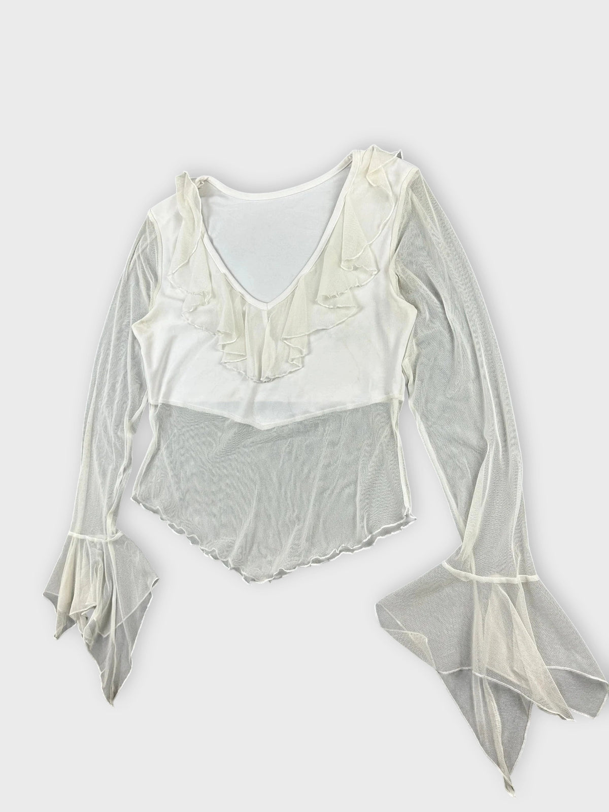 detail view, White Ruffled Mesh Top with Elegant Sleeves, vintage Y2K second hand piece, image 5