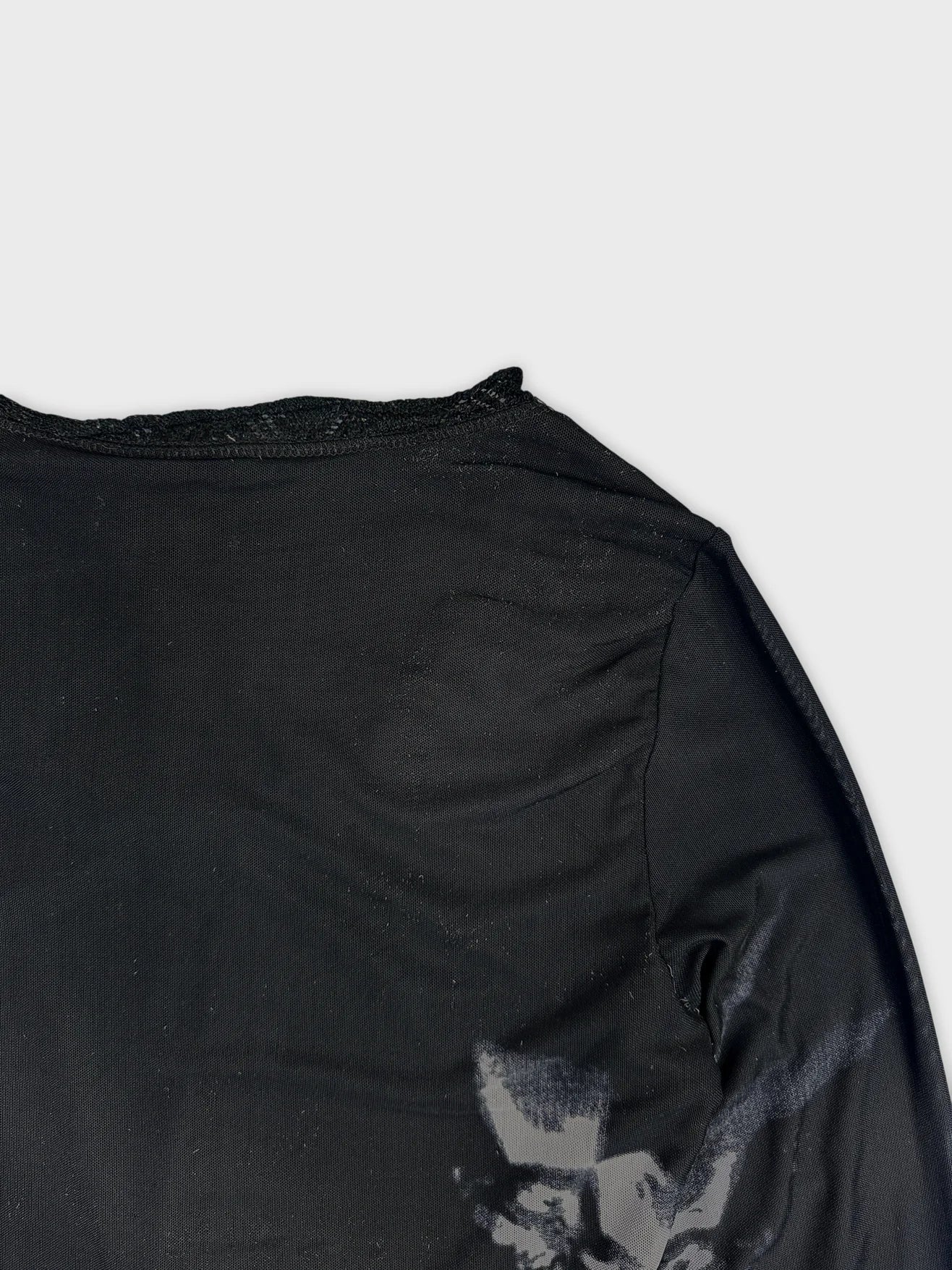 detail view of a black body shirt with pilling texture