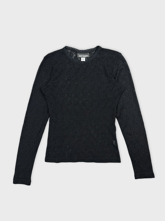 Black long-sleeve body shirt with floral lace pattern, front view.