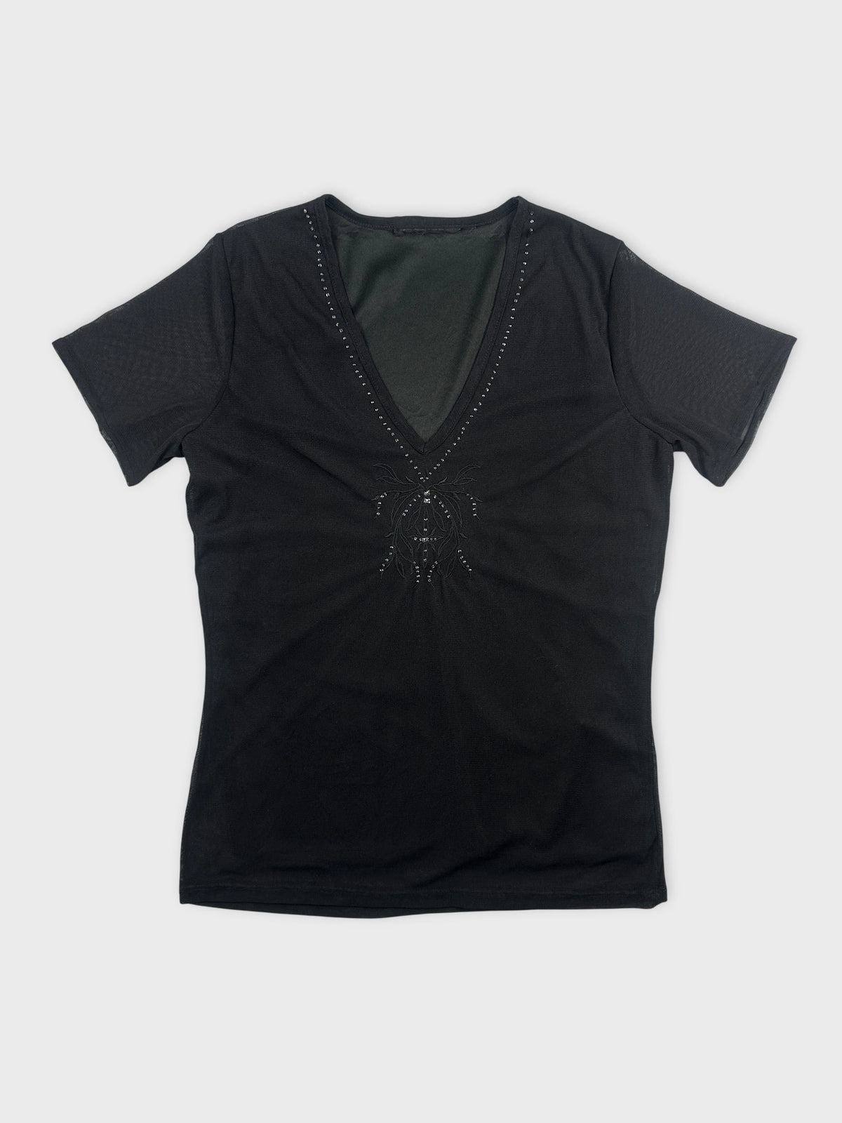 Black body shirt with a V-neck and decorative stitching front view