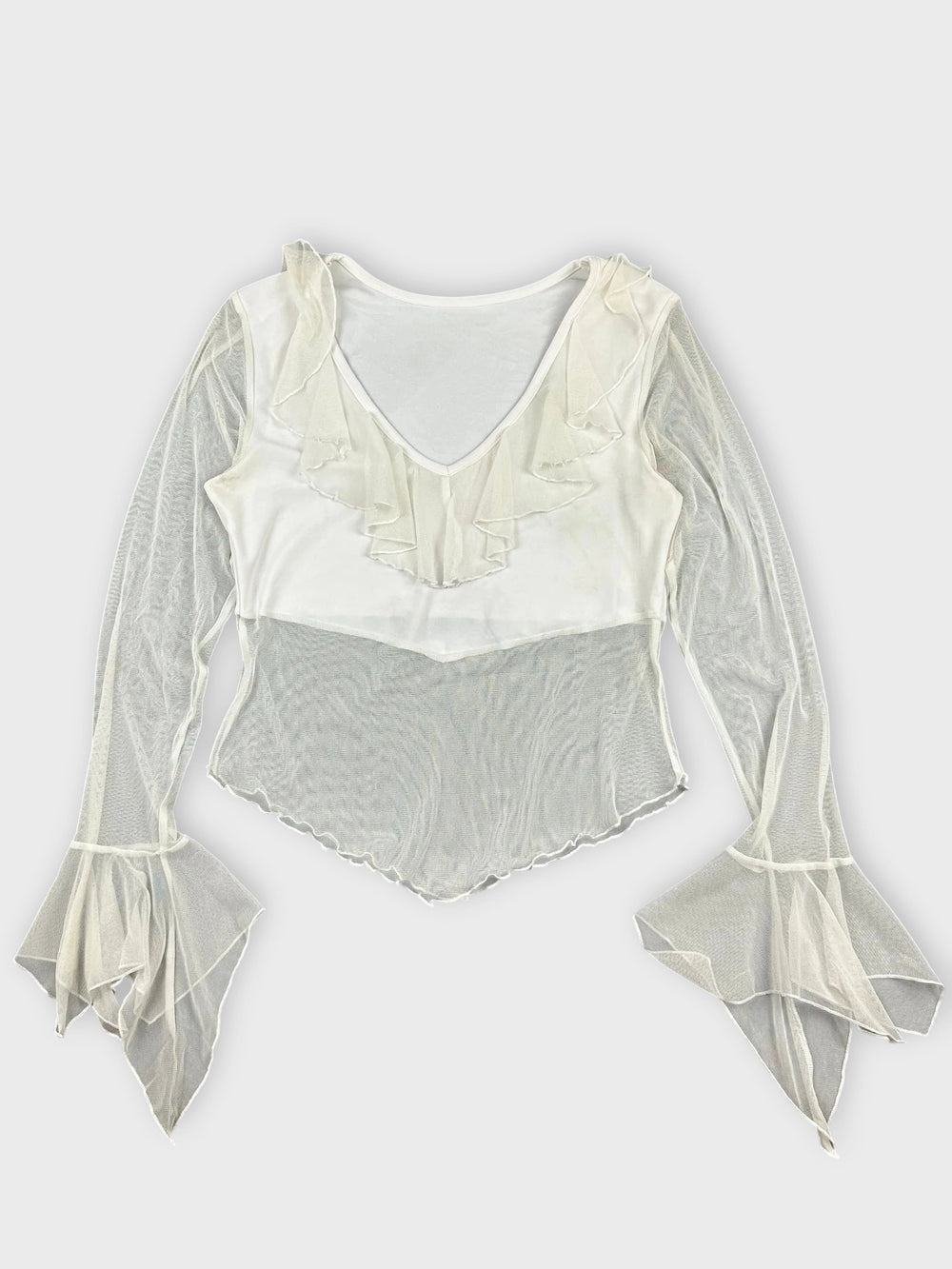 front view, White Ruffled Mesh Top with Elegant Sleeves, vintage Y2K second hand piece