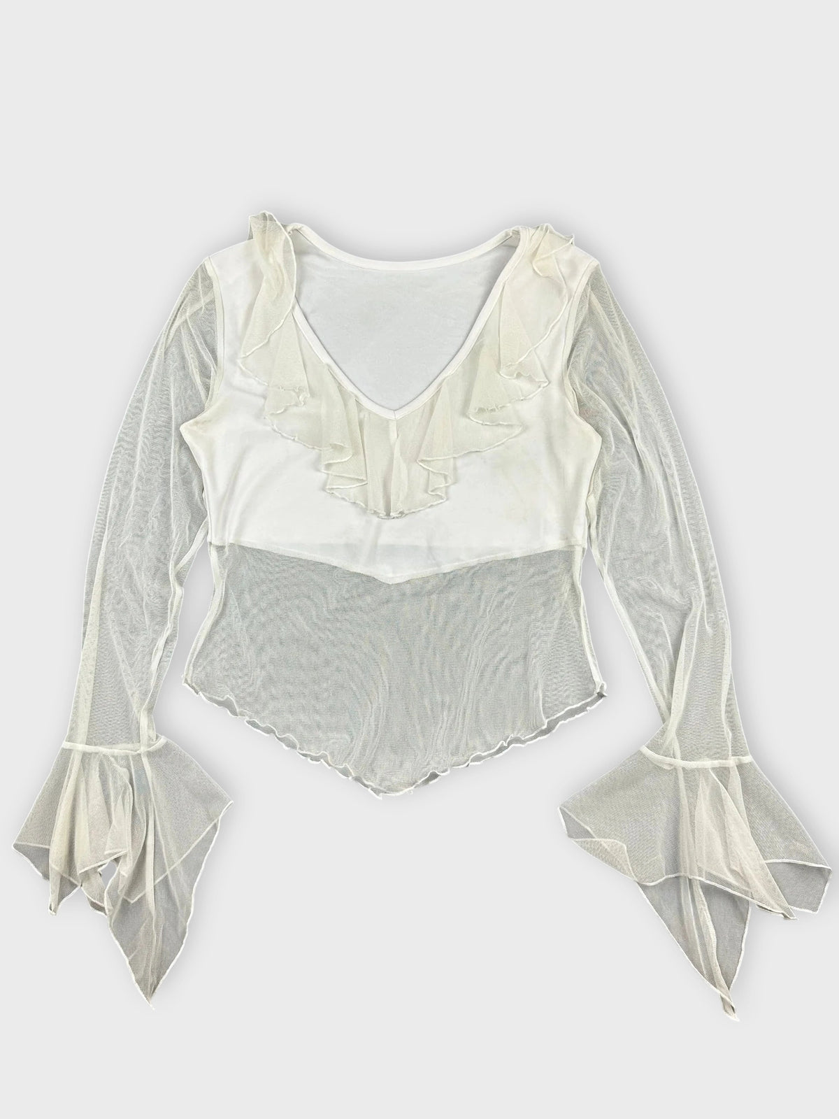front view, White Ruffled Mesh Top with Elegant Sleeves, vintage Y2K second hand piece