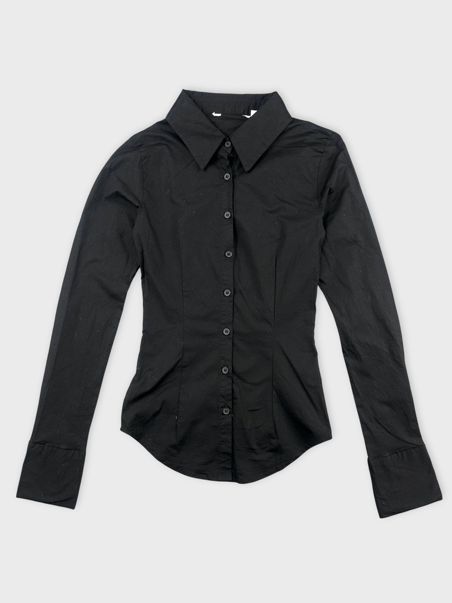 Black body shirt with button-down front view and long sleeves
