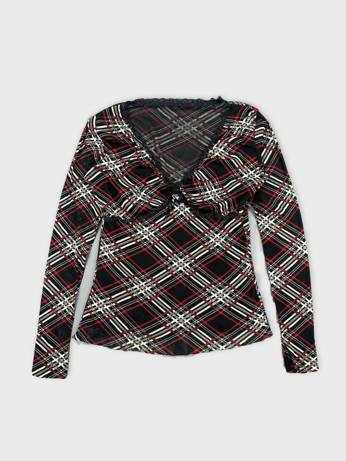 Front view of a long-sleeve black and red plaid body shirt
