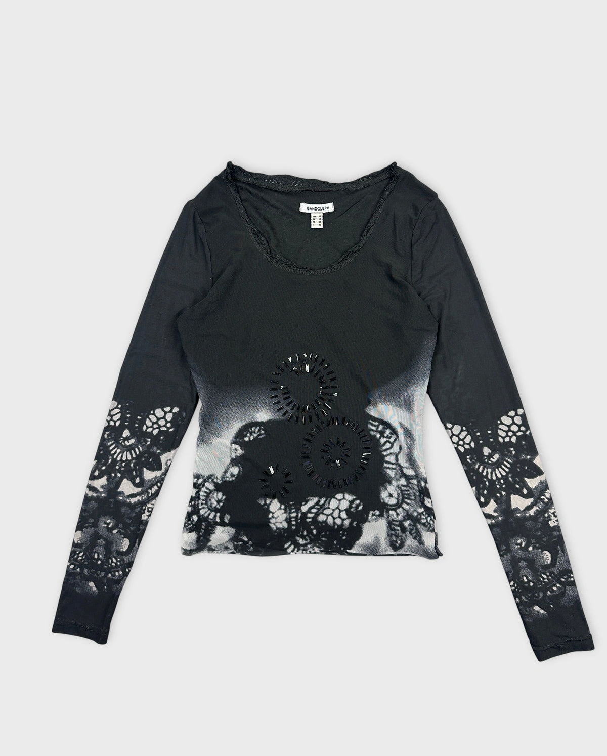 Front view of black long sleeve body shirt with lace detail.