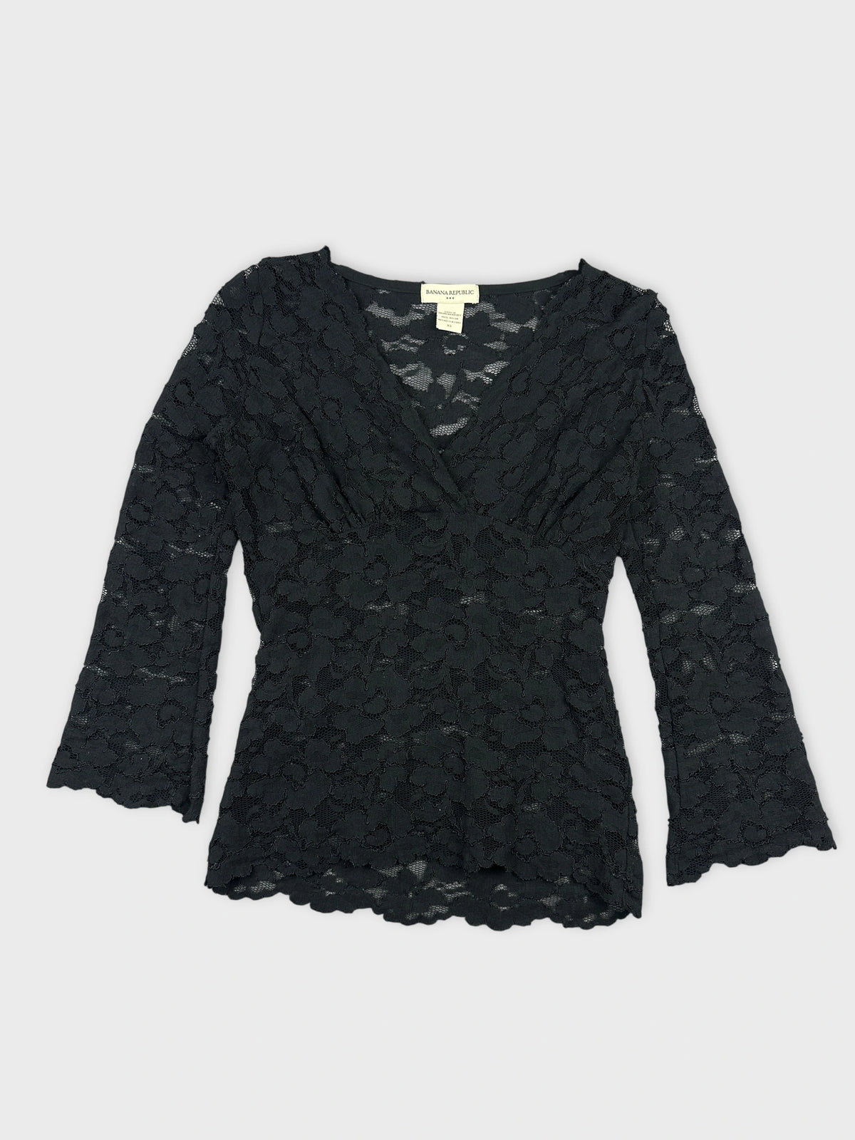 Black lace body shirt with flared sleeves front view