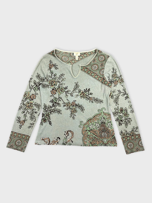 Vintage long sleeve body shirt in soft green with floral print front view