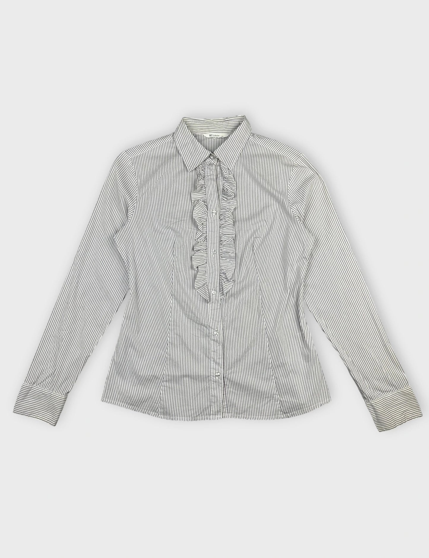 Front view of a striped women’s body shirt with ruffled detail.