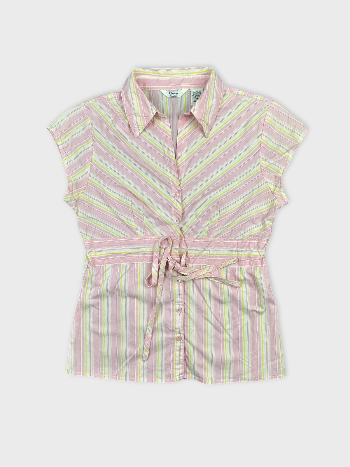 Front view of a pink striped women body shirt with a belted waist.