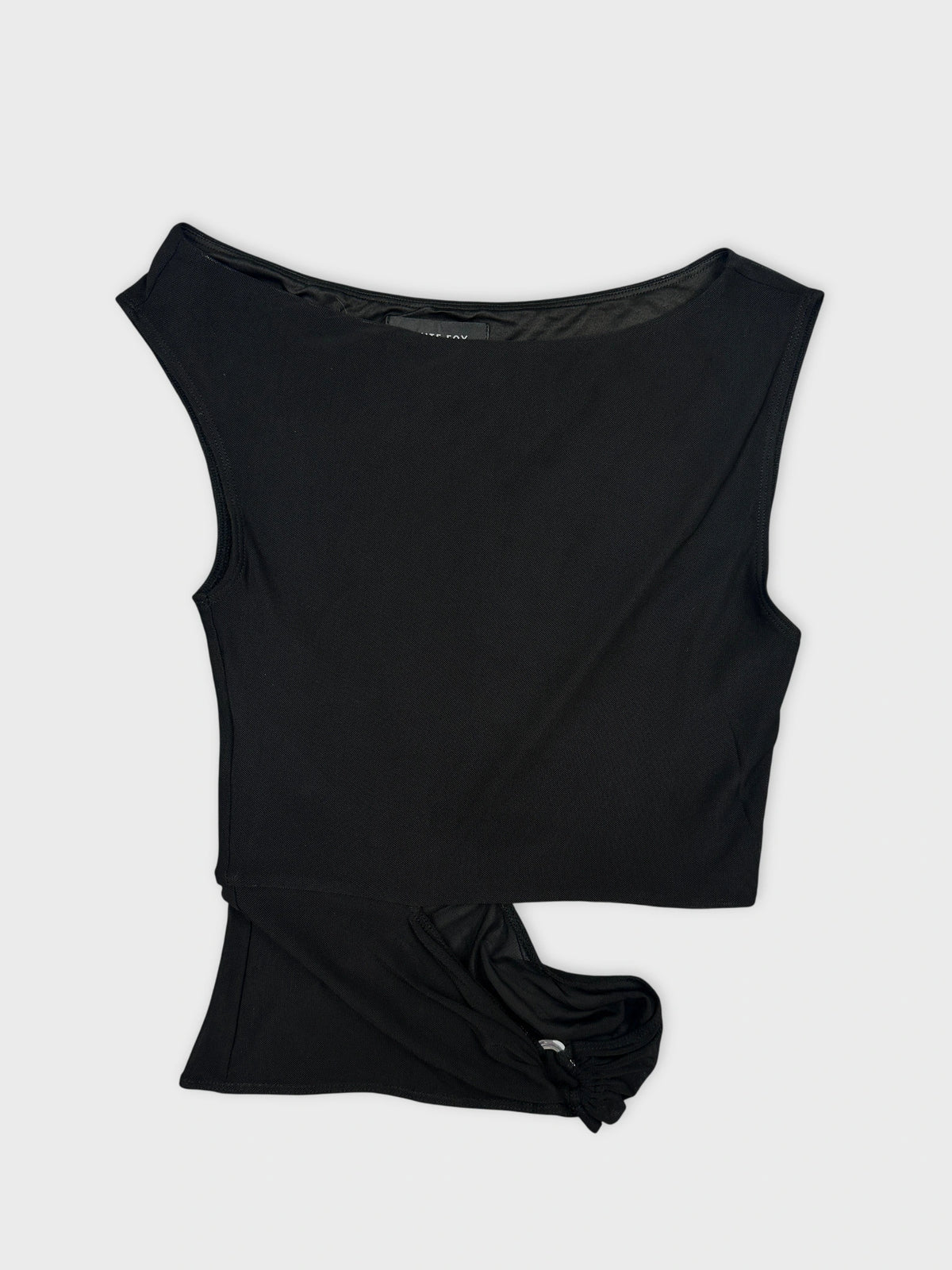 Black body shirt featuring a knotted detail at the hem front view