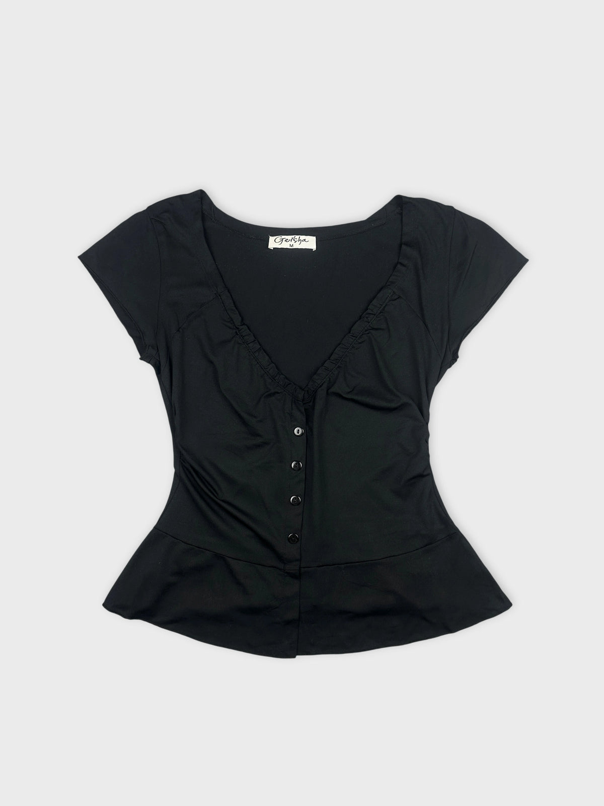 Black body shirt with ruffled neckline front view