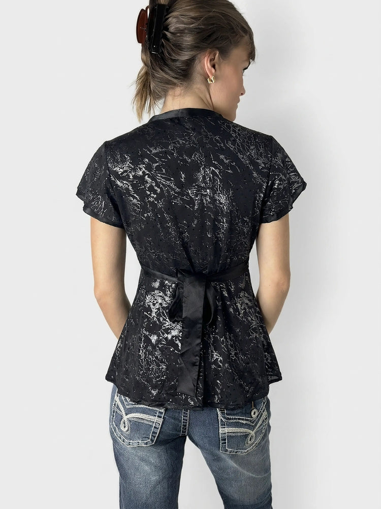 Black Elegance Lace Top with Ruffles (M)