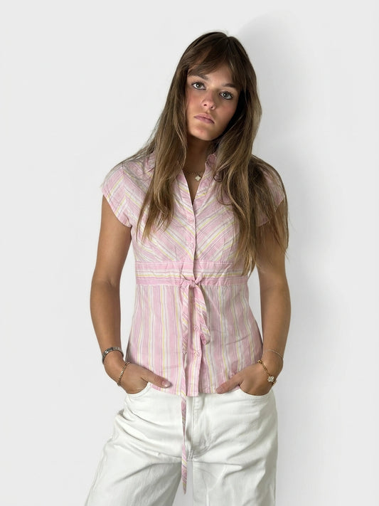 Front view of a pink striped women's body shirt with a tie detail.