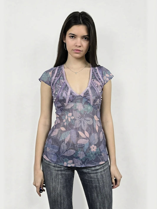 Purple floral body shirt with lace trim, shown in front view.