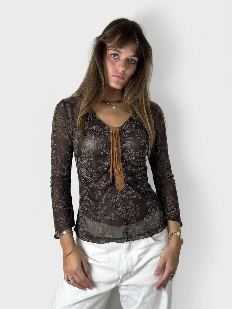 Chic Brown Sheer Body Shirt with Lace-Up Detail (M)